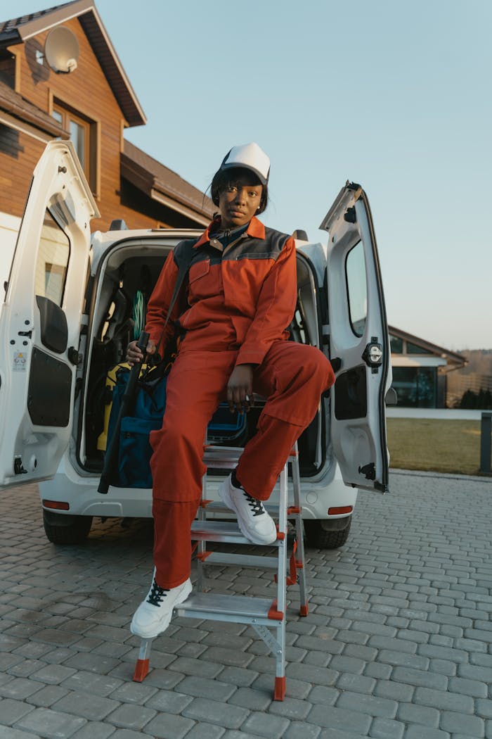 A worker in protective gear sits on a ladder beside a van during the day.